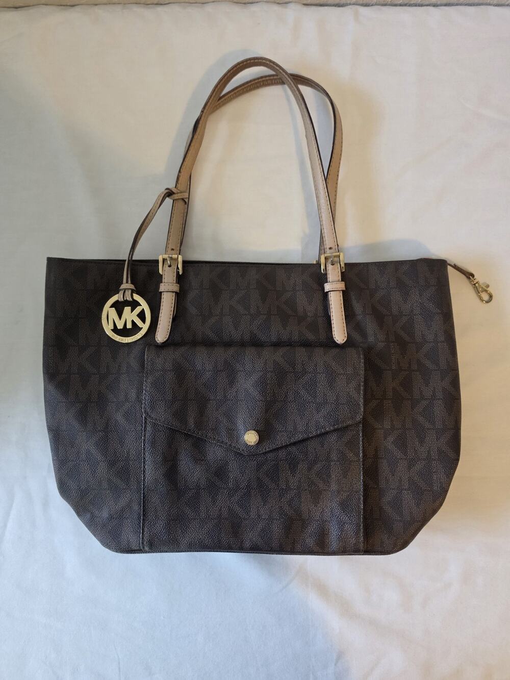Michael Kors Jet Set Travel Signature Brown PVC Tote Shoulder Bag Front Pocket